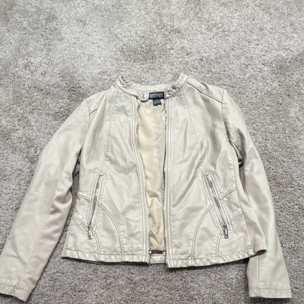 Kenneth Cole Reaction Women Beige Full Zip Jacket Pockets Short Long Sleeve L/G